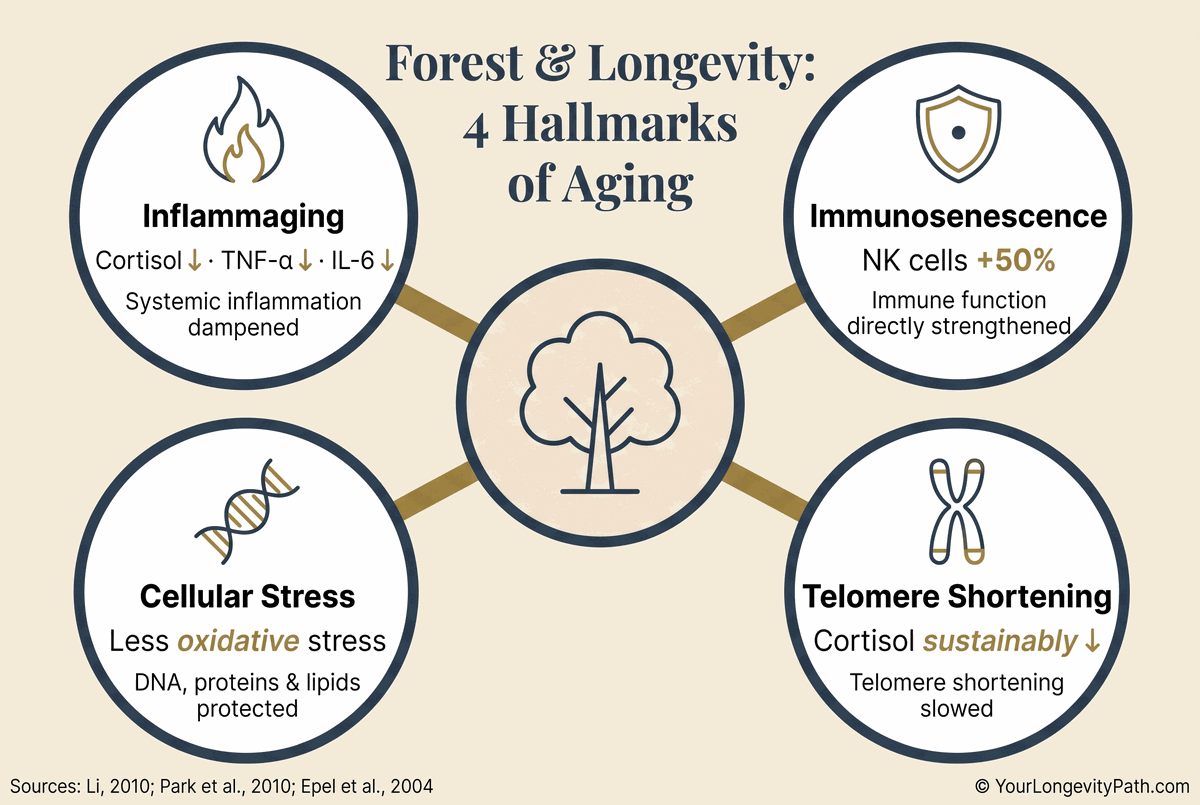 Infographic: Hub-and-spoke layout. Central tree with four radial connections to Hallmarks of Aging: Inflammaging (Cortisol ↓, TNF-α ↓), Immunosenescence (NK cells +50%), Cellular Stress (less oxidative stress), Telomere Shortening (cortisol sustainably lowered).